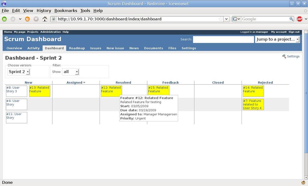 16 Ensimmäinen lisäosa on Scrumdashboard, joka korvaa keltaisten lappujen käytön digitaalisesti. Redmine-sovellukseen tulee käyttöön uusi Dashboard-välilehti, kuten kuvasta 8 näkyy.