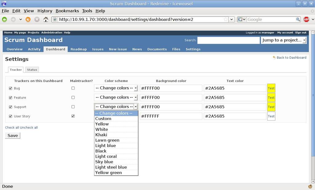 17 Kuva 9. Scrum Dashboard-lisäosan ominaisuuksien muokkaus. (Klepsland 2009.) Toinen lisäosista on Scrum PM, joka lisää Redmine-sovellukseen välilehdet Backlog ja Dashboard.