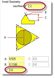 KAPPALEEN TAKAPINNAN TYÖSTÄMINEN 103 3 Muokkaa palan geometriaa kasvattamalla palan nousua (mm/ kierros) ja leikkuusyvyyttä (C).