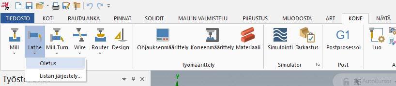 KONEENMÄÄRITTELYN LATAAMINEN 13 3 Valitse kone-välilehdeltä koneen tyypiksi Lathe ja edelleen Oletus. Luettelossa näkyvät kaikki käytettävissä olevat koneenmäärittelyt.