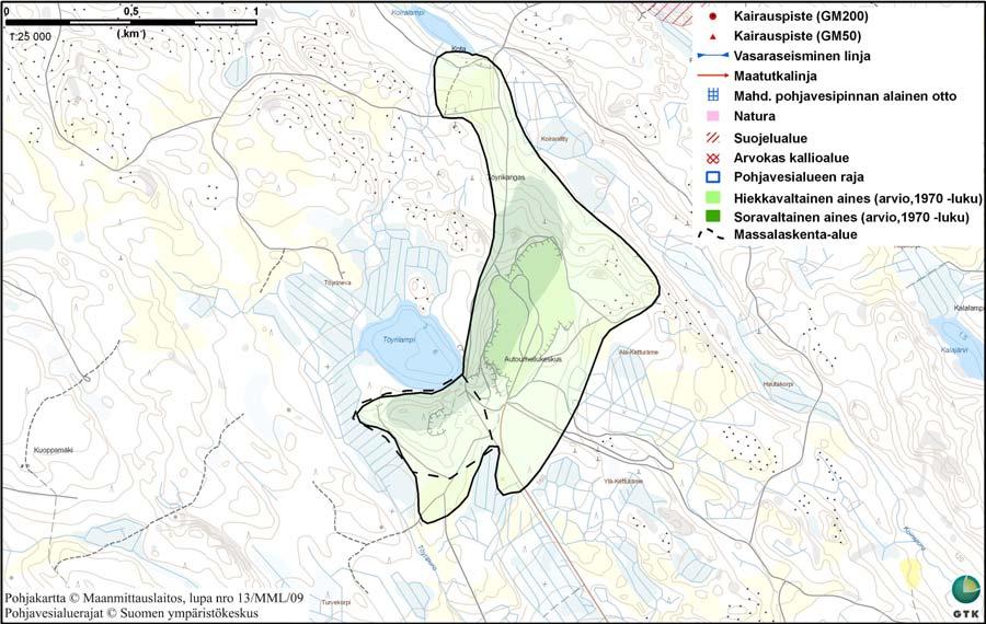 Keski-Suomen liitto Saarijärvi - Viitasaaren seutukuntien maa- ja kalliokiviainesselvitys 13 5.4.4 Töyrinmäki Töyrinmäki on 2.luokan pohjavesialue (Nro. 0921606), joka sijaitsee Kannonkoskella.