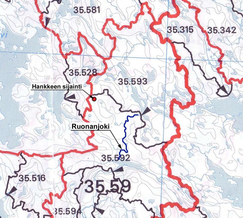 62 Suunnittelukeskus Oy 5.7 Pintavedet 5.7.1 Sadanta ja valunta 5.7.2 Vesistöalueet Vuotuinen sademäärä hankealuetta lähimpänä olevassa mittauspisteessä (Siuronkoski) havaintojaksolla 1991-2000 oli 706 mm 39.