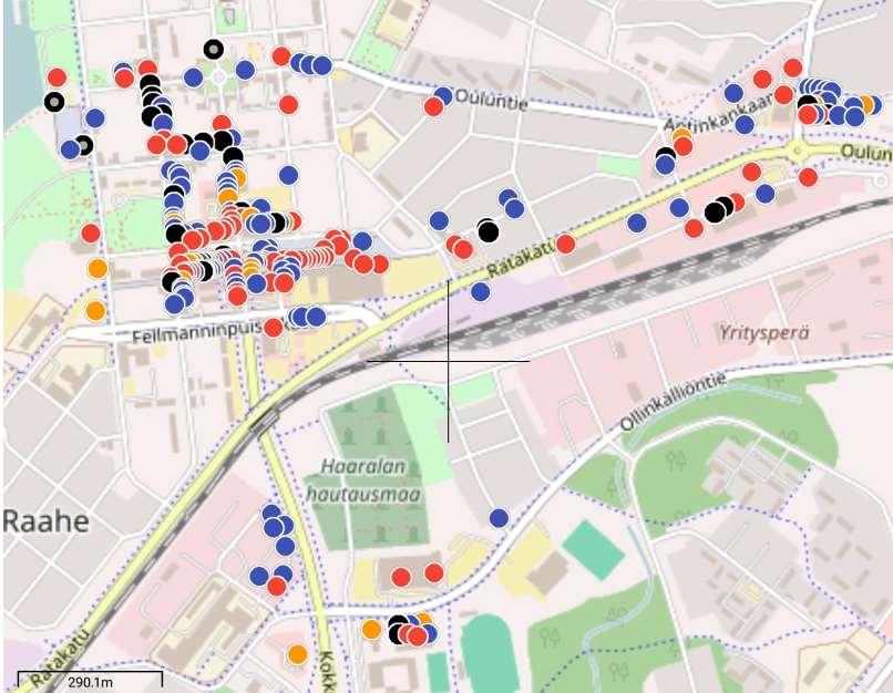 Raahen liikekeskustan lämpökartta osoittaa, että liiketiloja ja kauppapalveluja on sijoittunut paljon ydinkeskustan lähialueelle,