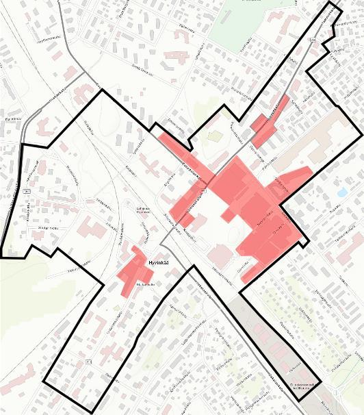 Hyvinkään elävä keskusta-alue Hyvinkään kuumat korttelit punaisella ja Elävä keskusta alue (musta raja). Elävä keskusta -rajaus on tehty 05/2016 kartoituksen pohjalta.