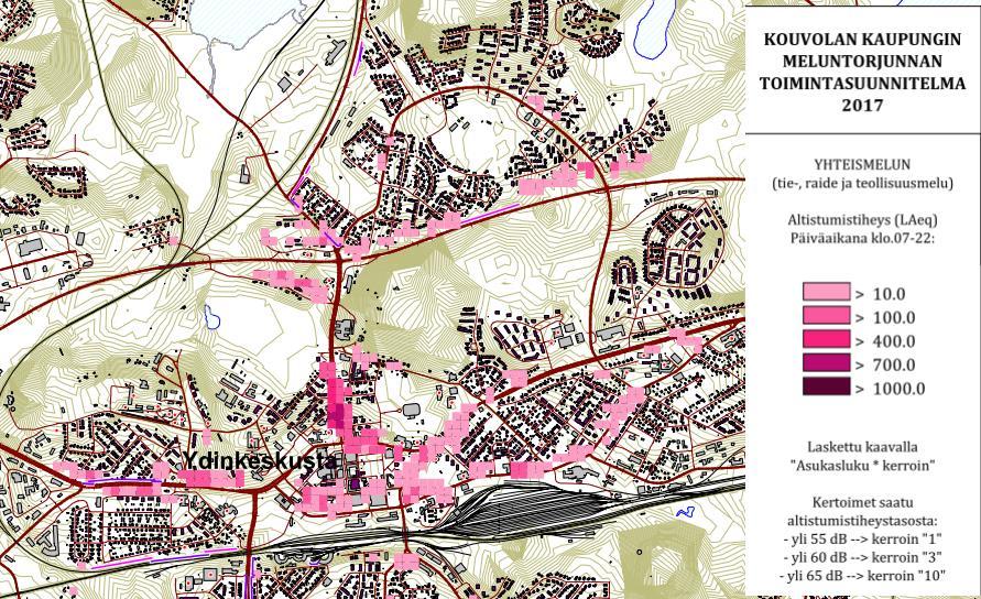 Kuva 1. Melualtistumistiheydet Kouvolan ydinkeskustan ja Lahdentien varrella. 2.4.