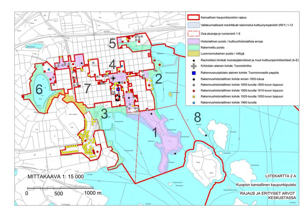. _.1 Kansallisen kaupunkipuiston rajaus lm:mmm:m:m Valtakunnallisesti merkittävät rakennetut kulttuuriympäristöt (RKY) 1-12 L ~ Osa-alueraja ja numerointi 1-8 1 Historiallinen puisto 1