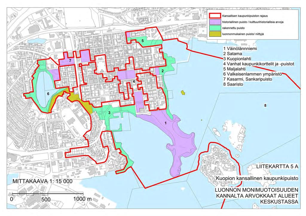 Kansallisen kaupunkipuiston raj aus ~~ historiallinen puisto 1 kulttuurihistoriallisia arvoja rakennettu puisto ~~ luonnonmukainen puisto/ niittyjä '----------' t;;;;;::::] 1 Väinölännniemi 2 Satama