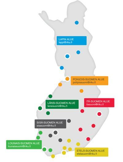 RIKUn toiminta-alue Aluetoimistot (7) Helsinki, Joensuu, Oulu, Rovaniemi Tampere, Turku ja Vaasa, Palvelupisteet (29) Helsinki, Hämeenlinna, Ivalo, Joensuu, Jyväskylä, Järvenpää, Kajaani, Kemi,