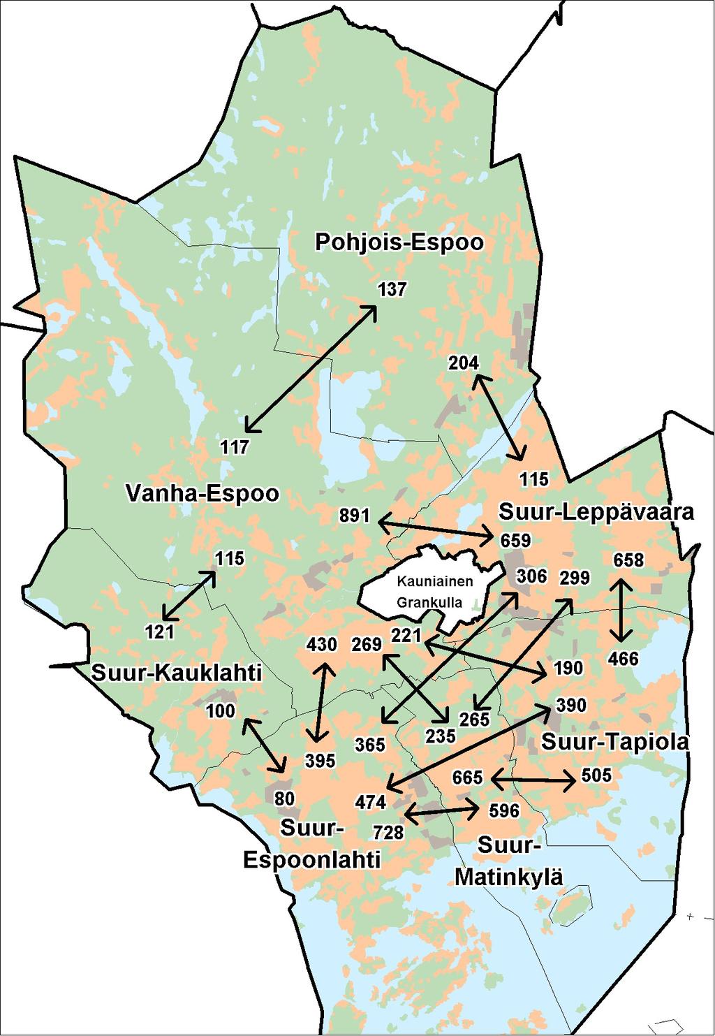 Kuva 3. Suurimmat muuttovirrat suuralueiden välillä Espoon sisäisessä muuttoliikkeessä 2004. 1.