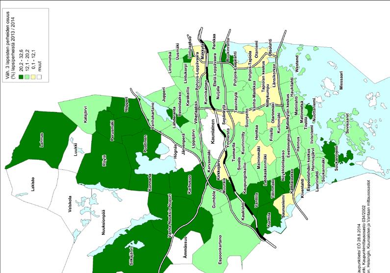 Kuva 2. Vähintään 3 lapsisten perheiden osuus lapsiperheistä vuodenvaihteessa 2013/14. (Karttaan merkitty Espoon tilastolliset pienalueet ja väh.