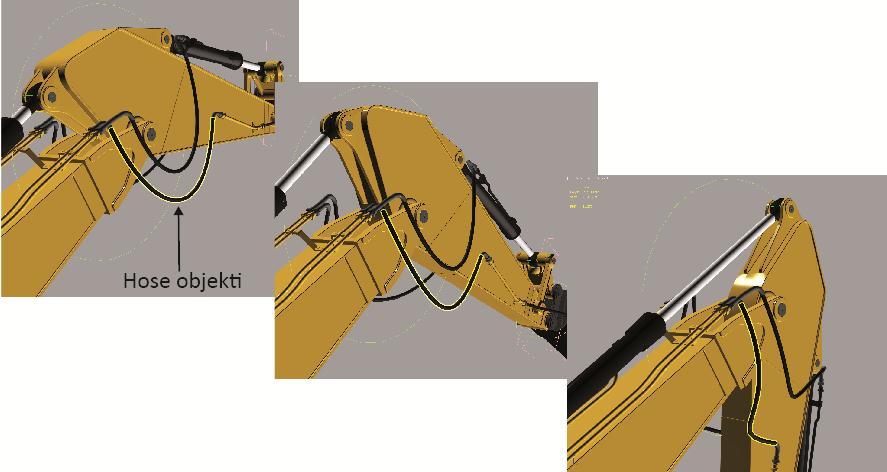 Look-at -muokkain sylinterissä Kaivinkoneen hydrauliletkut korvattiin hose-objekteilla, jotta letkut saatiin taipumaan oikeasta kohdasta, kun kaivinkoneen osia liikuteltiin (ks. kuvio 35).