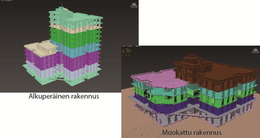 46 Kuvio 41. Purettava rakennus Rakennuksen viereen mallinnettiin kasa purkujätettä.