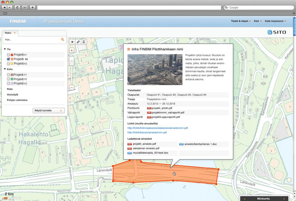 12 3.3 Pilottiportaali Pilottiportaali on selainpohjainen vuorovaikutteinen paikkatietopalvelu, jonne Infra FIN- BIM-piloteista syntyvää aineistoa kerätään.