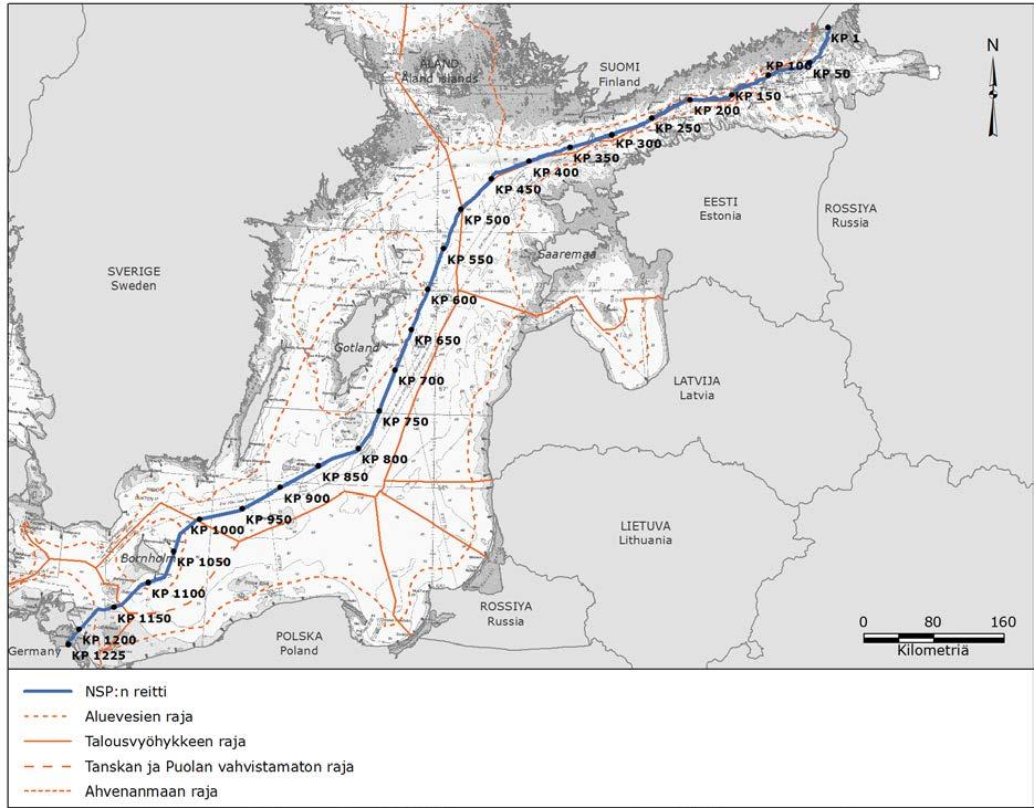 2 / 1 2. NORD STREAM -PUTKIJÄRJESTELMÄ NSP:n merenalainen osa rakennettiin vuosina 2010 2012. Sen reitti on esitetty kuvassa 2-1. Kuva 2-1. NSP:n reitti kilometrikohtien (KP) mukaan.