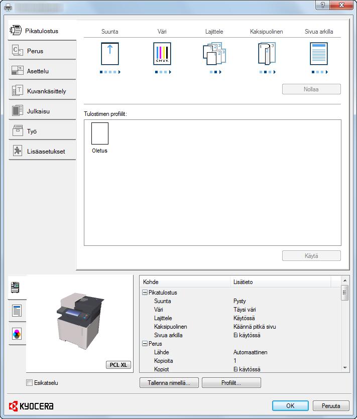 Tulostaminen tietokoneelta > Tulostinajurin tulostusasetukset -näyttö Tulostinajurin tulostusasetukset -näyttö Tulostinajurin tulostusasetusnäytössä voit määrittää erilaisia tulostusasetuksia.