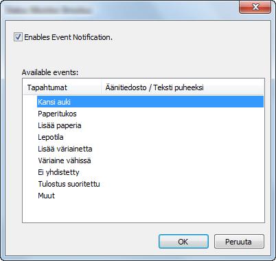 Tulostaminen tietokoneelta > Tulostimen tilan valvominen (Status Monitor) Status Monitor -ilmoitusasetukset Status Monitor -asetukset ja tapahtumaluettelon tiedot näytetään.