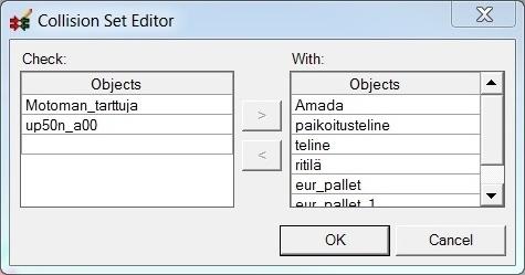 Kun simulaatio nyt käynnistetään, mahdolliset törmäykset ja läheltä piti -tilanteet nähdään Graphic Viewerissä. Kuva 55. Collision Set Editor.