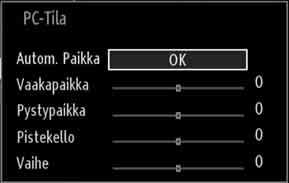 Ääniasetusvalikon kohdat Äänenvoimakkuus: Säätää äänenvoimakkuutta. Taajuuskorjain: Paina OK-painiketta taajuuskorjaimen alavalikon katsomiseksi. Automaatti asema: Optimoi automaattisesti näytön.