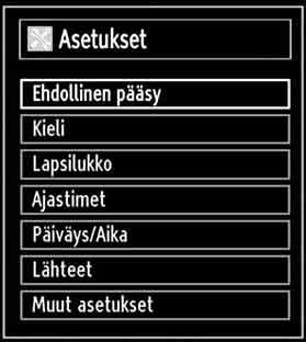 TV:si asetusten konfigurointi Yksityiskohtaiset asetukset voidaan konfiguroida henkilökohtaisten mieltymystesi mukaan. Paina MENU-painiketta ja valitse Asetukset-kuvake tai painiketta käyttämällä.