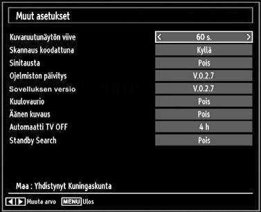 Koodattujen kartoitus: Kun tämä asetus on päällä, löytää hakutoiminto myös nämä kanavat. Jos se on asetettu Pois, koodatut kanavat eivät löydy automaattisessa haussa tai manuaalihaussa.