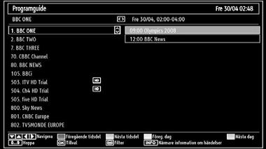 med genren. Informationen söks i programguiden och resultaten som matchar sökkriterierna visas. / / / : Navigera Röd knapp (föreg. tidsdel):visar programmen för föregående tidsdel.