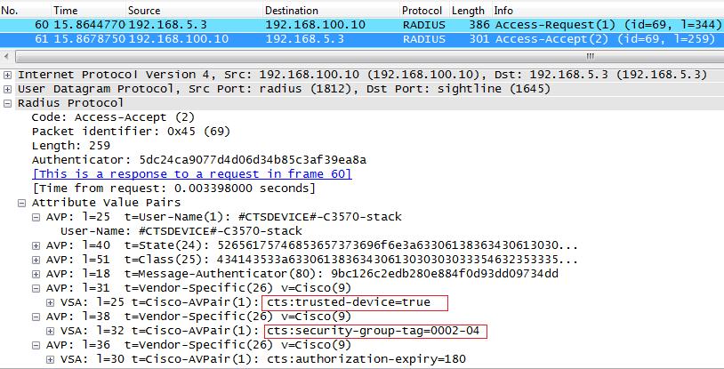91 Kuviossa 61 on esitetty C3560X-Upperin vastaanottama RADIUS-Access Accept paketti. Kuvio 61. RADIUS-Access-Accept ja CTS avp C3560X-kytkin on pyytänyt ISE:ltä tietoa C3750X-stack-kytkimestä.