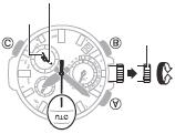 Pidä B-painiketta alhaalla n. sekunnin valitaksesi UTC (Coordinated Universal time) -yleisajan. Pieni tuntiosoitin Nuppi Pieni minuuttiosoitin 3. Pidä A-painiketta alaspaimettuna n.