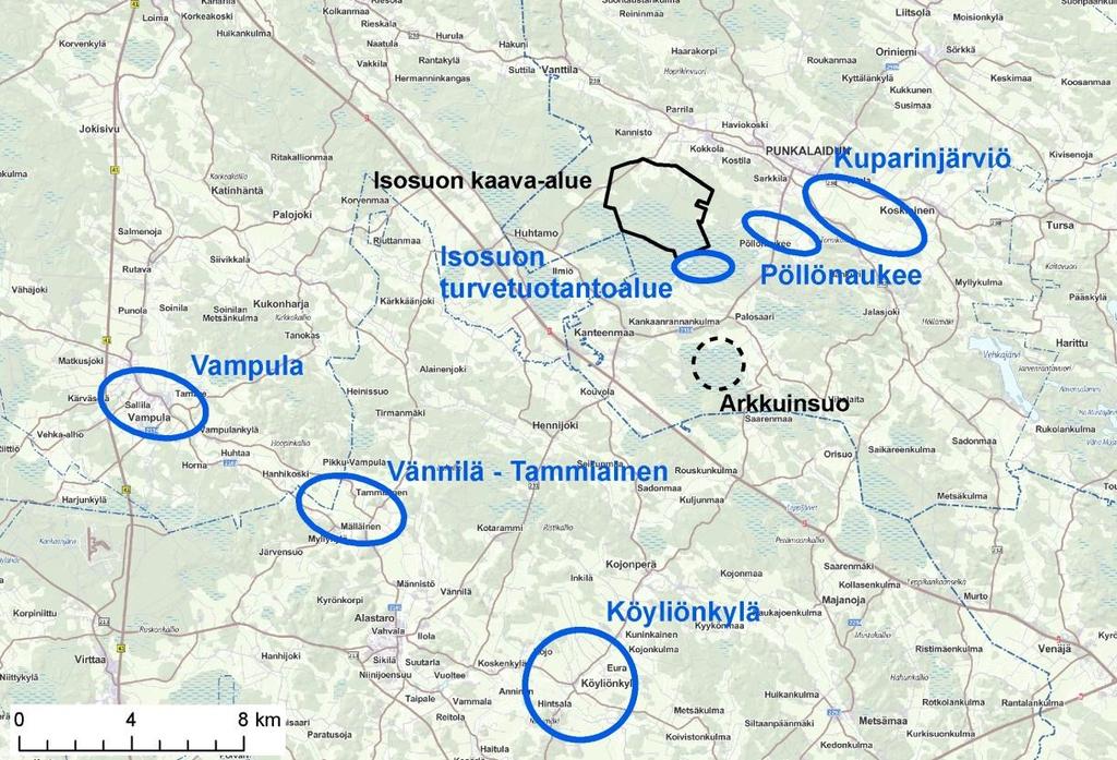 Kuva 4: Hanhien tärkeimmät muutonaikaiset levähdysalueet Punkalaitumen seudulla.