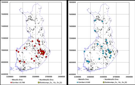 Figure 4. Left: Red Dots: Location of RGDB samples correlating best (CorrAve 0.7) with Outokumpu Cu-Co-Zn mine area parameters (yellow square).