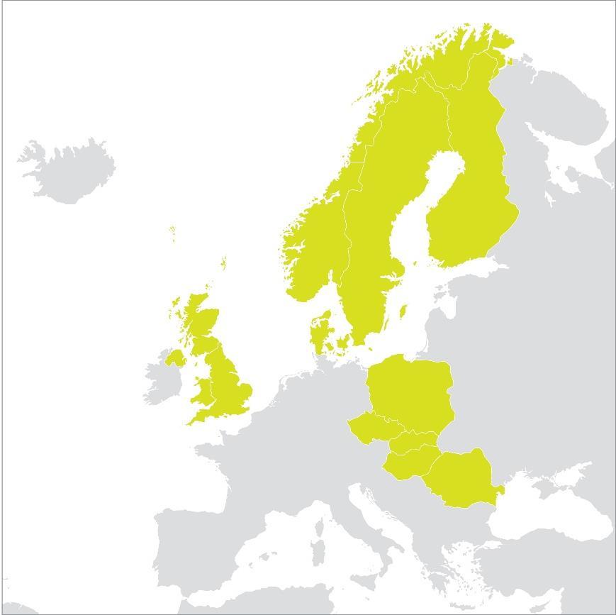 josta Pohjoismaat 40%, Muut Euroopan maat 23%, Pohjois-Amerikka 37% Henkilöstömäärä: 43 000