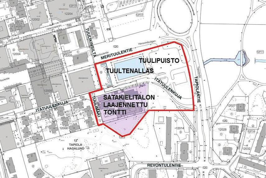 3.2 Kilpailualue ja ympäristö 3.2.1 Sijainti ja laajuus Kilpailualueen kokonaisuus käsittää Tuulipuiston ja siihen sisältyvän Tuultenaltaan alueen, Vesiputoustalon edustan, Satakielitalon tontin sekä