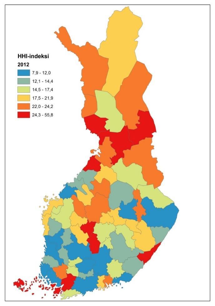 15 HHI-indeksi (Herfindahl- Hirschman -indeksi) kuvaa teollisen rakenteen resistenssikykyä eli monipuolisuutta; mitä pienempi luku, sitä monipuolisempi on teollisuuden henkilöstön rakenne