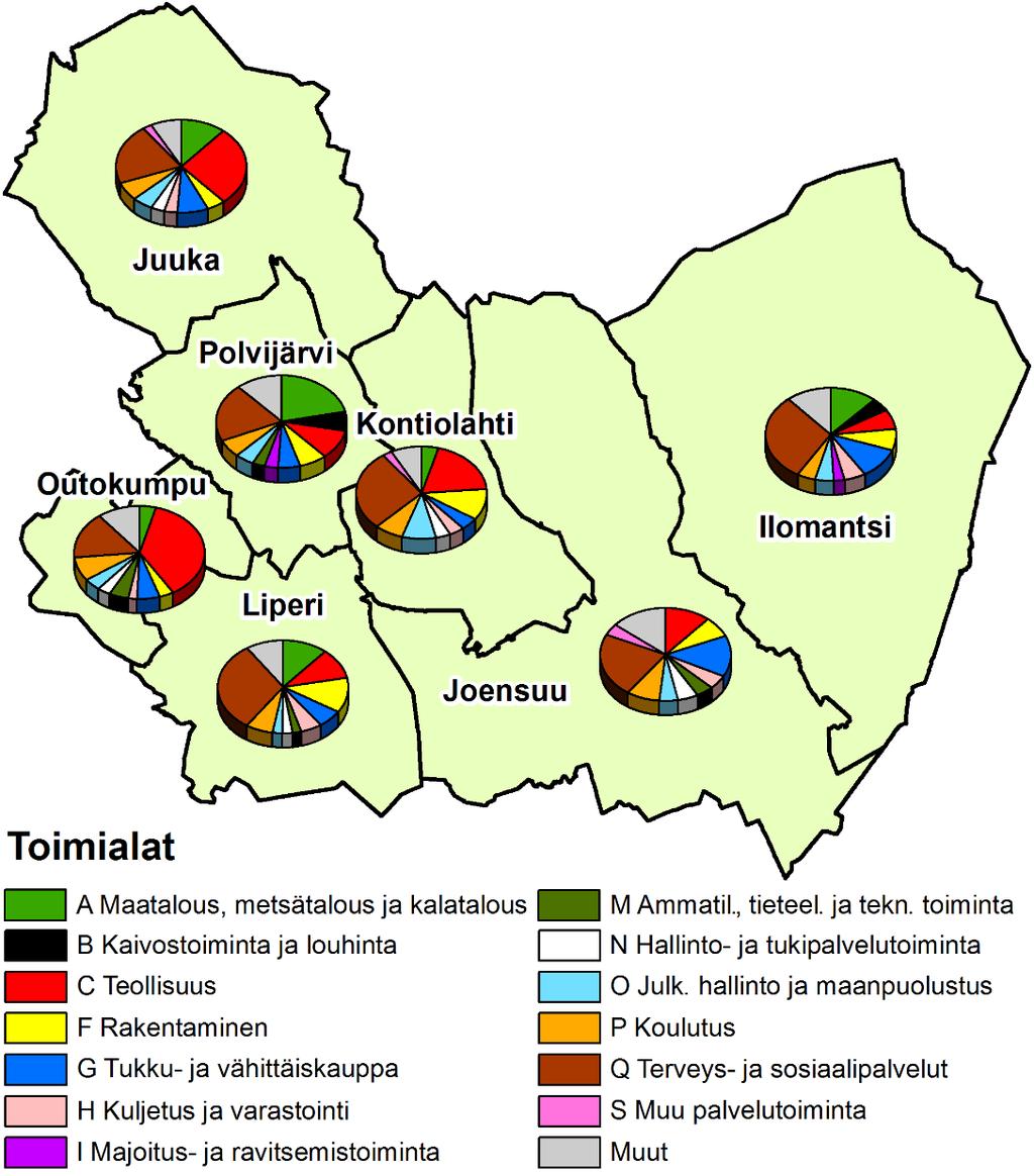 Työpaikkojen toimialoittainen jakauma Joensuun seudun kunnissa
