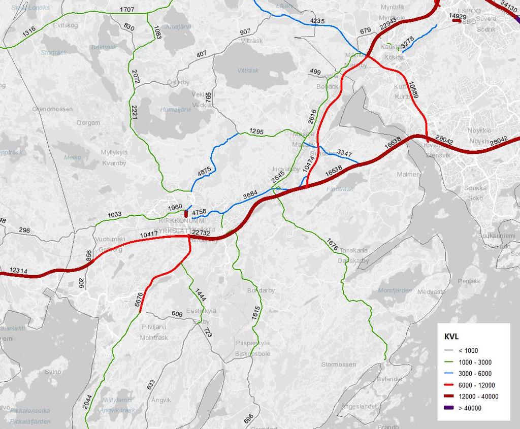 12 Kuva 5. Kirkkonummen tieverkon nykyiset liikennemäärät keskivuorokausiliikenne, ajoneuvoa/vrk, Liikennevirasto 215).