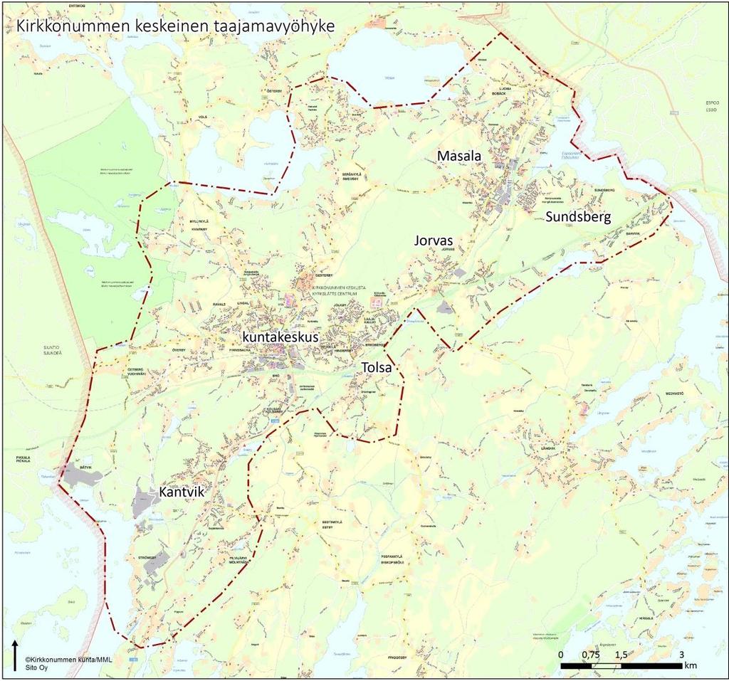 3 1 LIIKENNEJÄRJESTELMÄSUUNNITELMAN LÄHTÖKOHDAT 1.1 Työn lähtökohdat ja rajaus Kirkkonummen liikennejärjestelmäsuunnitelma käynnistettiin helmikuussa 216.