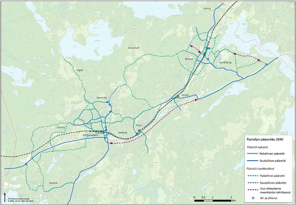 36 Kuva 2. Kirkkonummen tavoitetilanteen 24 pääpyöräilyverkko. Nykyisten pääreittien kehittäminen Ensisijaisena pyöräilyverkon kehitystoimenpiteenä tulisi nostaa nykyisten pääreittien tasoa.