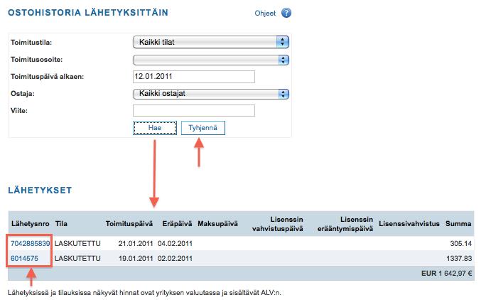 Kuva 3.3.3.2. Ostohistoria lähetyksittäin Tuotteittain Tällä sivulla voit tarkastella ostohistoriaasi tuotteittain.