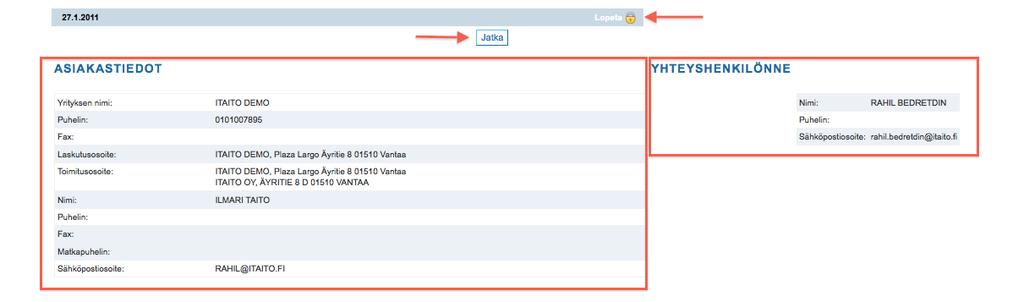 2.2 Asiakastiedot - sivu Kuva 2.2.1. Asiakastiedot sivu Tällä sivulla näet omat tietosi sekä yhteyshenkilön tiedot.