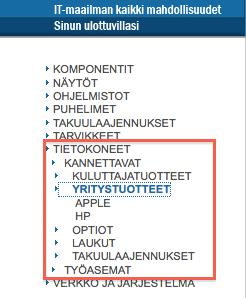 Jokainen tuoteryhmä aukeaa alakategorioihin. Esim: Kuva 3.2.1.