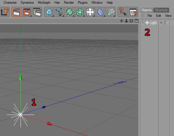 Kuva 6: Pistevalo-objektin pikakuvake Kun valo on luotu, lakkaa Cinema 4D:n oletusvalo toimimasta, ja ympäristön kaikki valo tulee