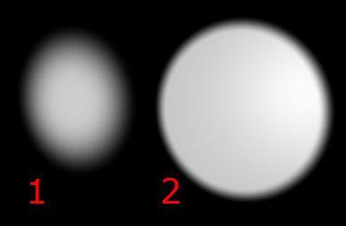 Kuva 13: Kaksi kohdevaloa, valo 1: kohdevalon oletusarvoilla eli 0 asteen sisäisellä kulmalla, valo 2: 25 asteen sisäisellä kulmalla.