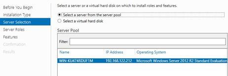 Valitaan palvelin johon rooleja halutaan asentaa. Tässä tapauksessa näkyy ainoastaan yksi palvelin (Kuvio 55). Kuvio 55. Palvelimen valinta Tässä tärkeimmät palvelimen palvelut määritellään.