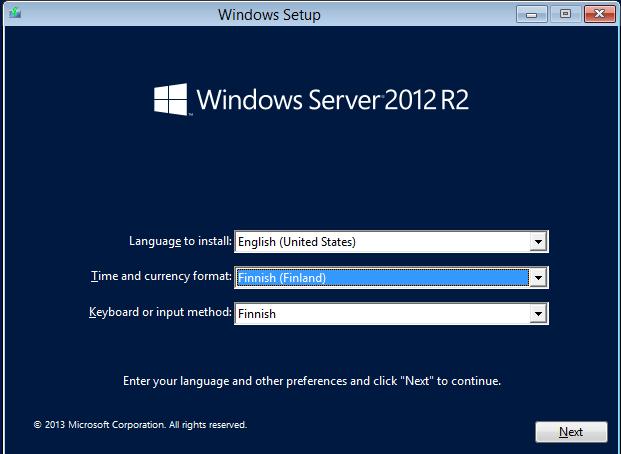 LIITE 4 LIITE 4 Windows Server 2012 r2 asennus Tässä valitaan maakohtaiset kieli, aika ja valuutta asetukset.