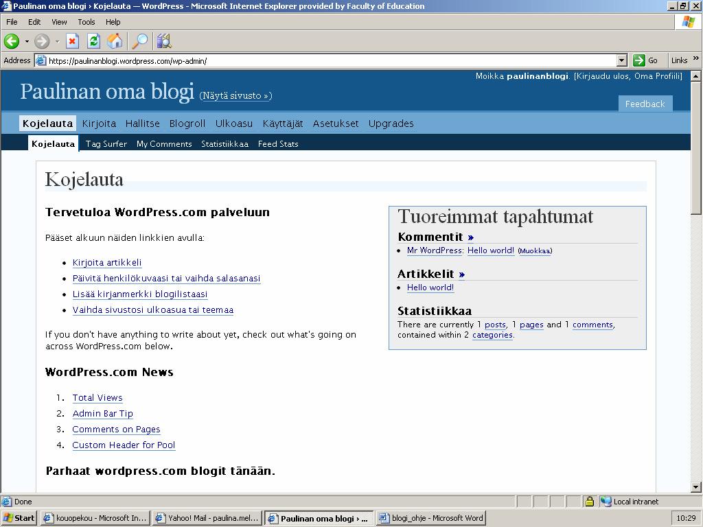 Choose another theme: http://username.wordpress.com/wp-admin/themes.php See what others are writing about: http://username.wordpress.com/wp-admin/index.php Frequently Asked Questions: http://faq.