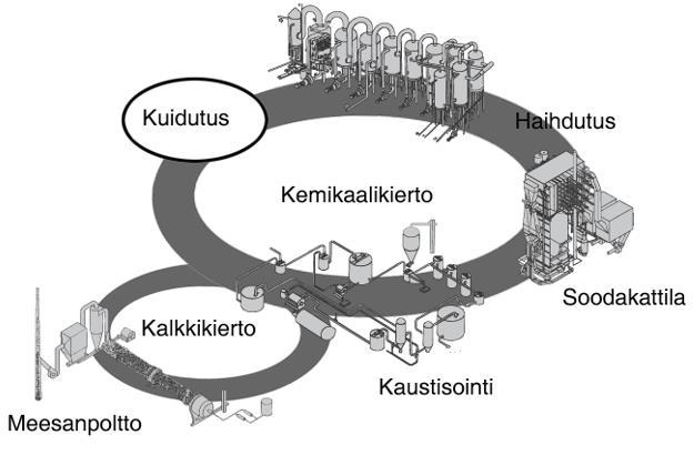 16 Kuva 14. Kuva kemikaalikierrosta osana sellun valmistusprosessia (KnowPulp. 2015). Haihduttamon ensisijainen tarkoitus on poistaa vettä mustalipeästä.