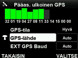 2. Valitse GPS-lähde ja paina VALITSE. 3. GPS-lähde on asetettu automaattiseen tilaan oletusarvona.