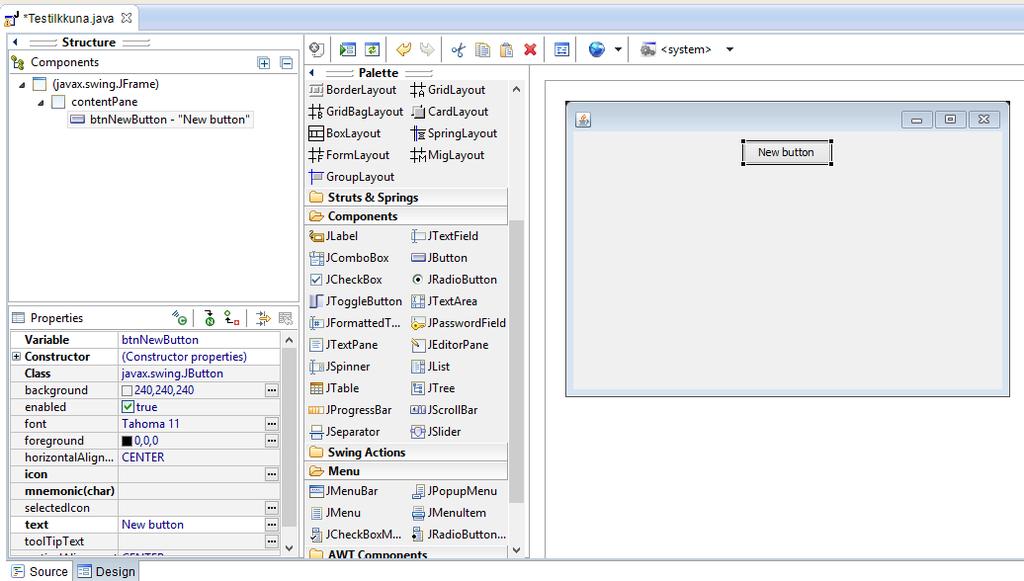 Ylläolevassa kuvassa huomaa, että ikkunaan on ilmestynyt uusi elementti, JButton, jossa lukee teksti New button.