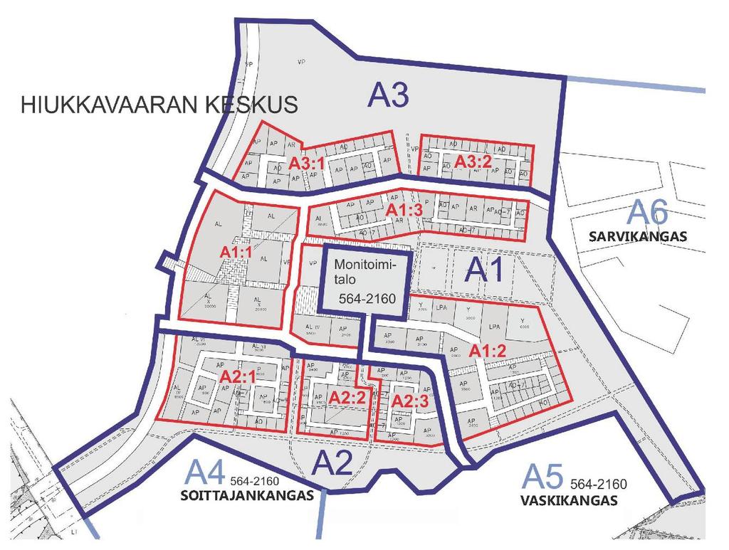Kuva: Asemakaavan osa-alueet. Hiukkavaaran keskus A1-A3, Soittajankangas A4, Vaskikangas A5 ja tuleva Sarvikangas A6.