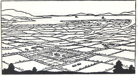 Kuvat 91-92. Teollistuvan yhteiskunnan kaupunkisuunnitelmien kuten myös puutarhakaupunki-idean taustalla olivat lukuisat kaupunkiutopiat (More, Campanella, Bacon, Owen, St.