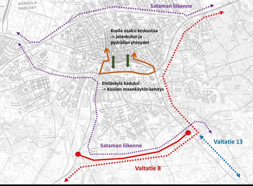 Uusi ramppi osoittautui kuitenkin korkeussuhteiltaan mahdottomaksi ratkaisuksi toteuttaa. Kuvassa 16 on esitetty työssä tutkitut ratkaisuvaihtoehdot suunnittelualueen itäpäässä. Kuva 16.